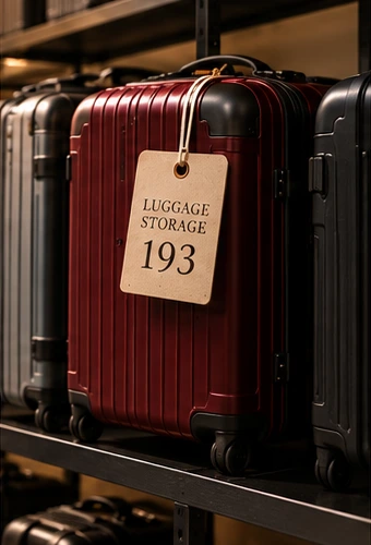 Burgundy suitcase with Luggage Storage 193 tag on storage rack