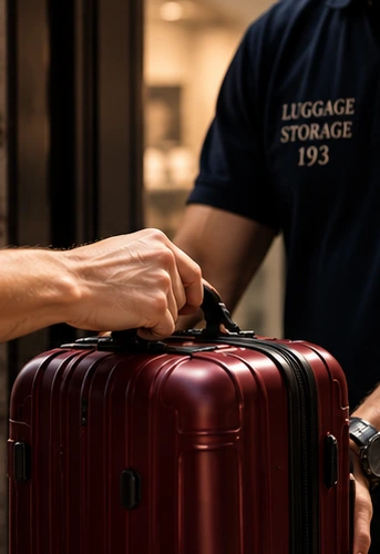 Luggage Storage 193 staff handing back burgundy suitcase to traveler