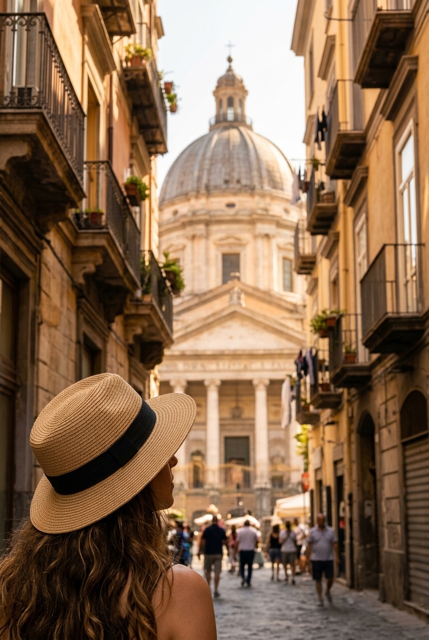 Traveler in straw hat exploring historic center of Naples