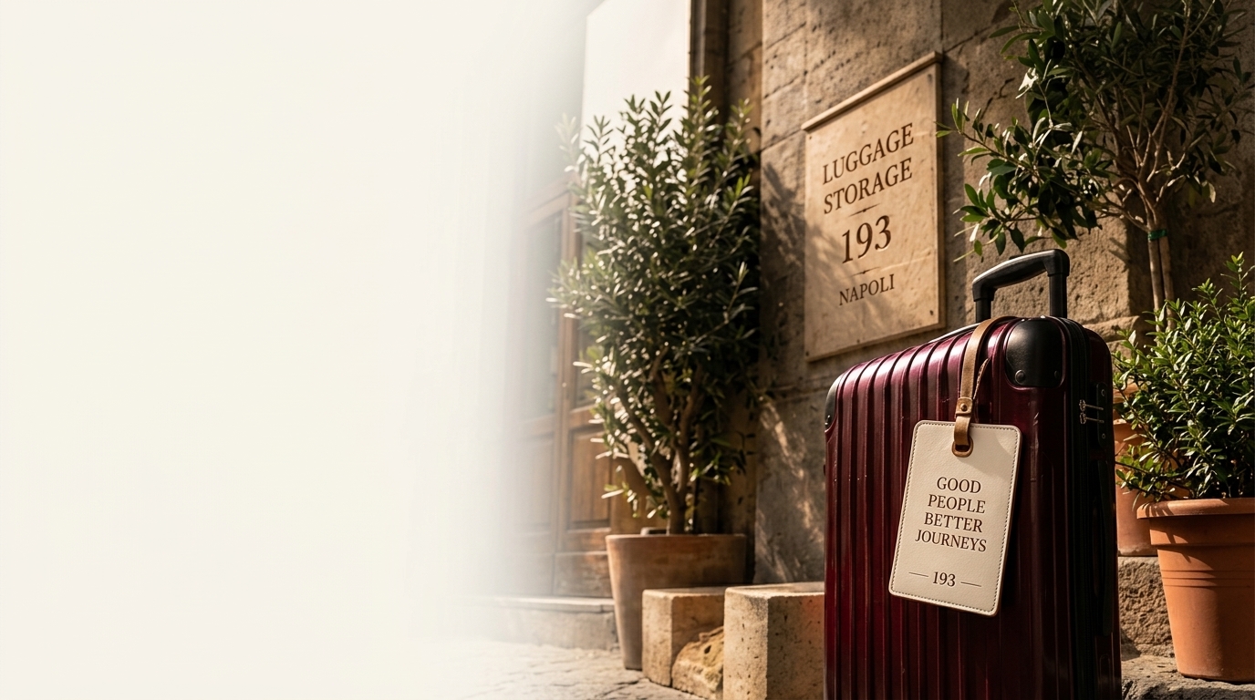 Luggage Storage 193 Napoli plaque on historic stone wall with burgundy suitcase