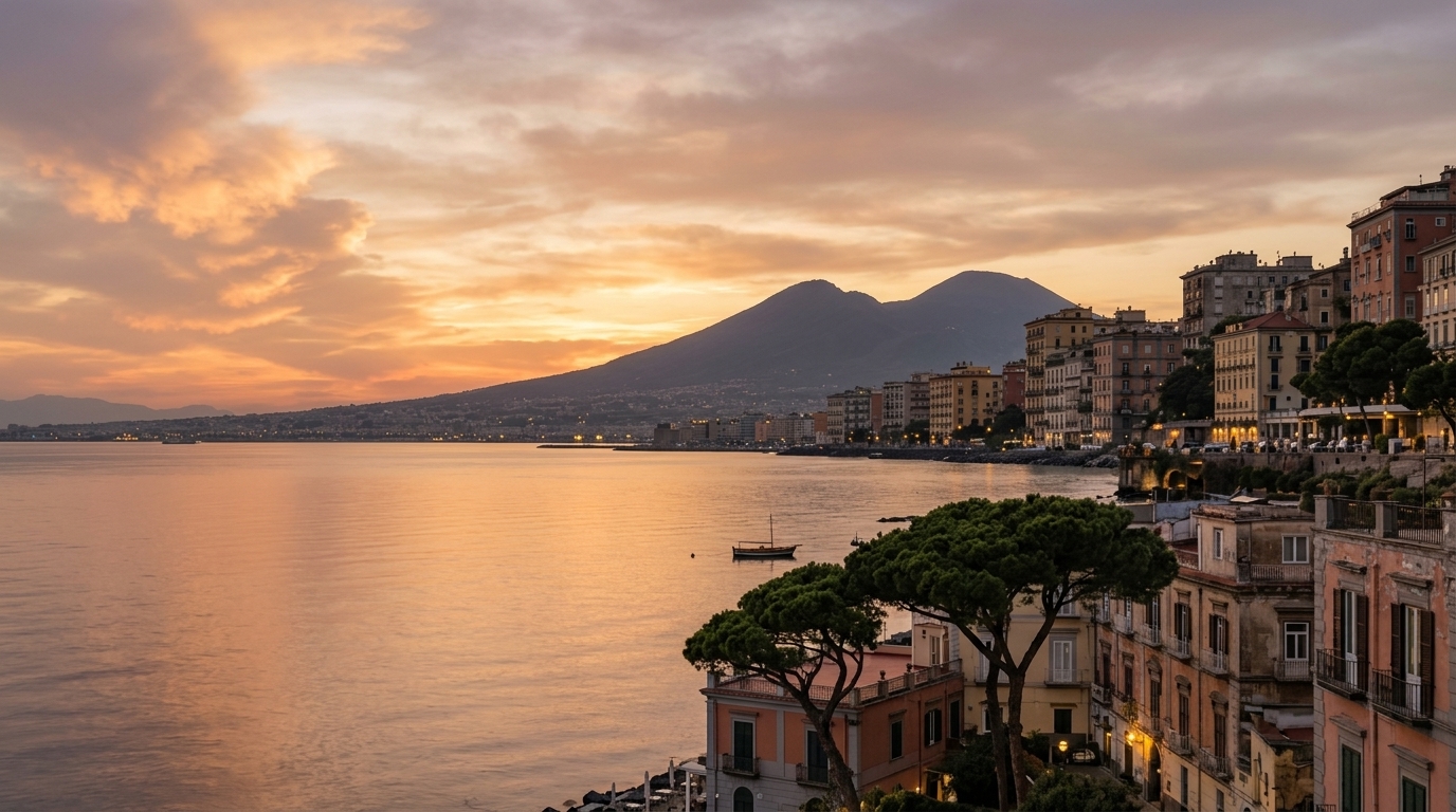 Sunset panorama over the Bay of Naples and Mount Vesuvius