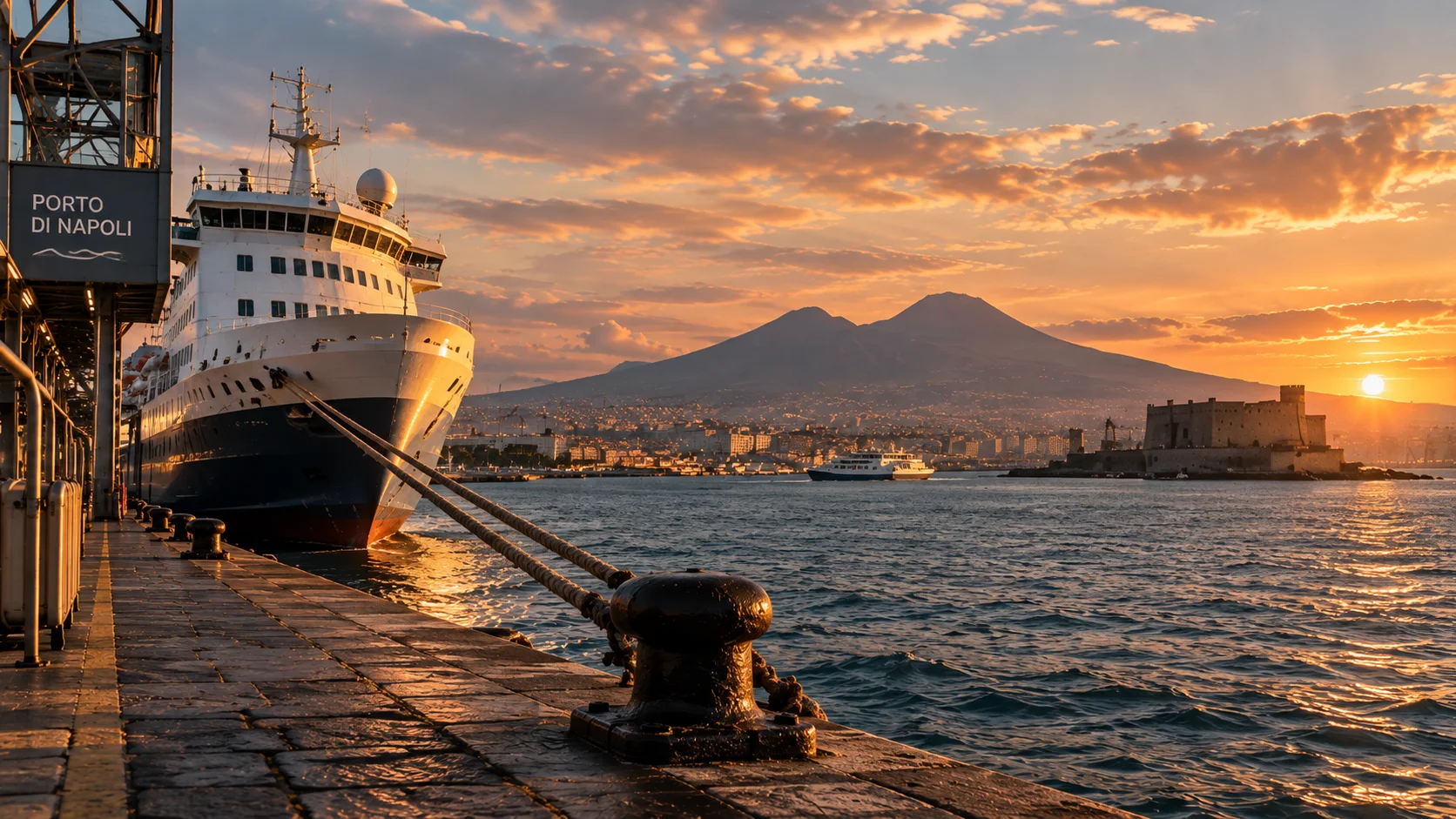 Port of Naples waterfront with ferry and Mount Vesuvius in background